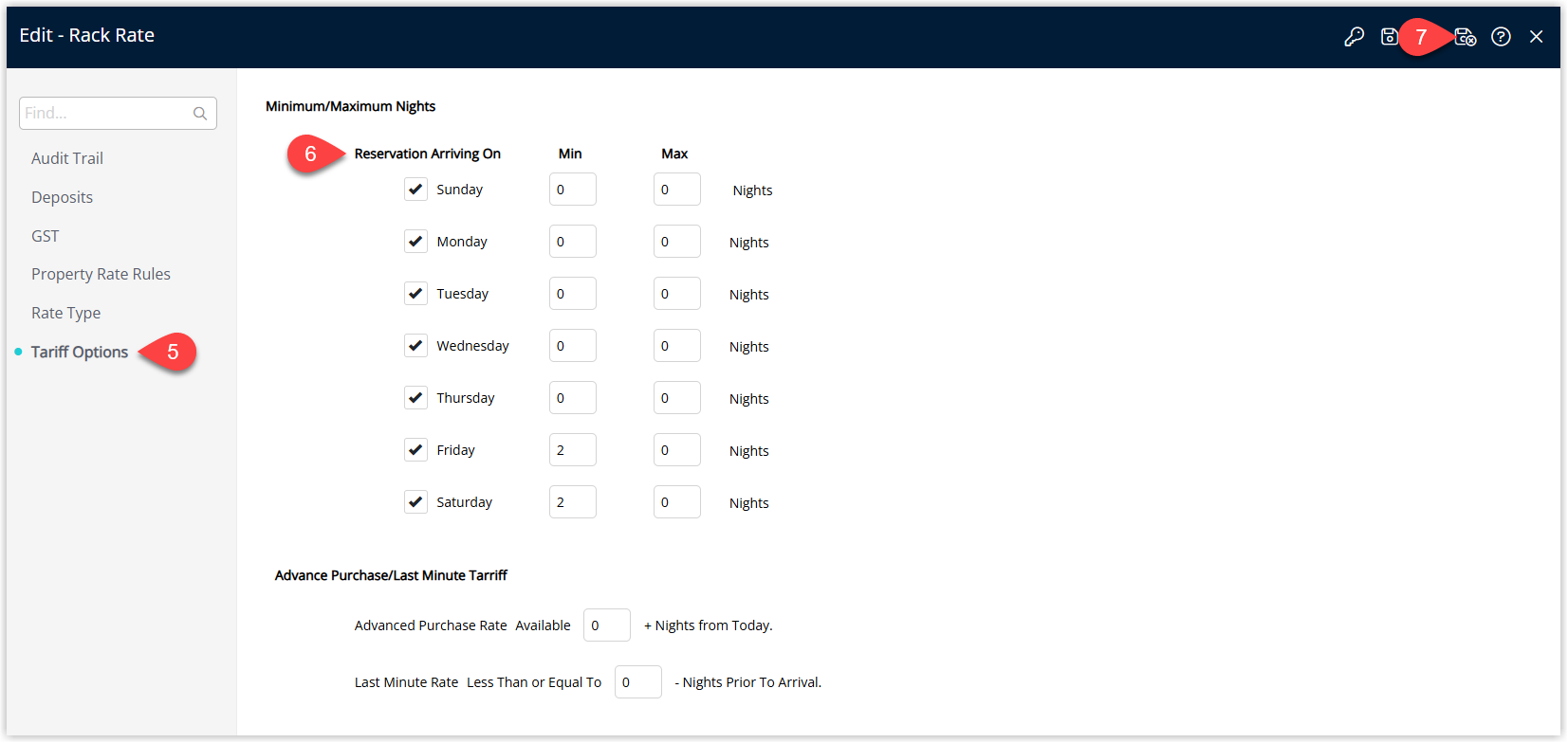 Annotated screenshot of the Edit Rate Type Tariff Options screen in RMS showing the Minimum/Maximum Nights settings by arrival day with a 2-night minimum on Friday and Saturday