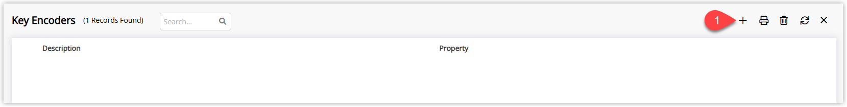 RMS Key Encoders setup screen under Setup > Door Locks > Key Encoders, showing an empty list of encoders with the Add button selected to create a new key encoder record.
