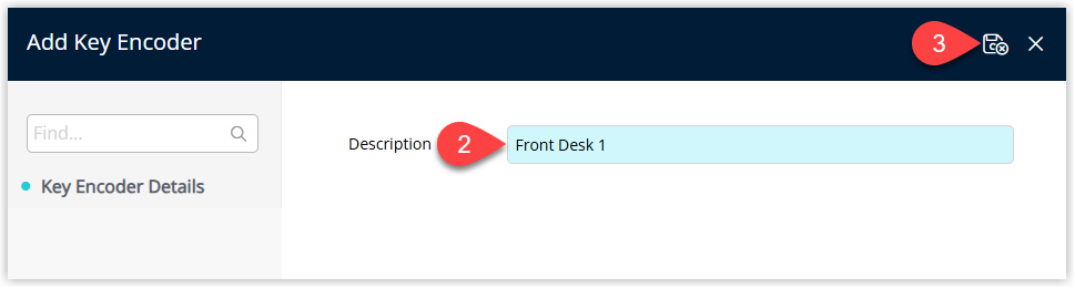 RMS Key Encoder configuration window displaying fields for Description and Encoder ID (when required by the door lock partner), with values entered and the Save/Exit button highlighted to store the key encoder for use with the Door Locks module.