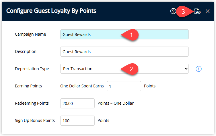Annotated screenshot of the Configure Guest Loyalty By Points dialog in RMS with the Campaign Name and Depreciation Type fields highlighted