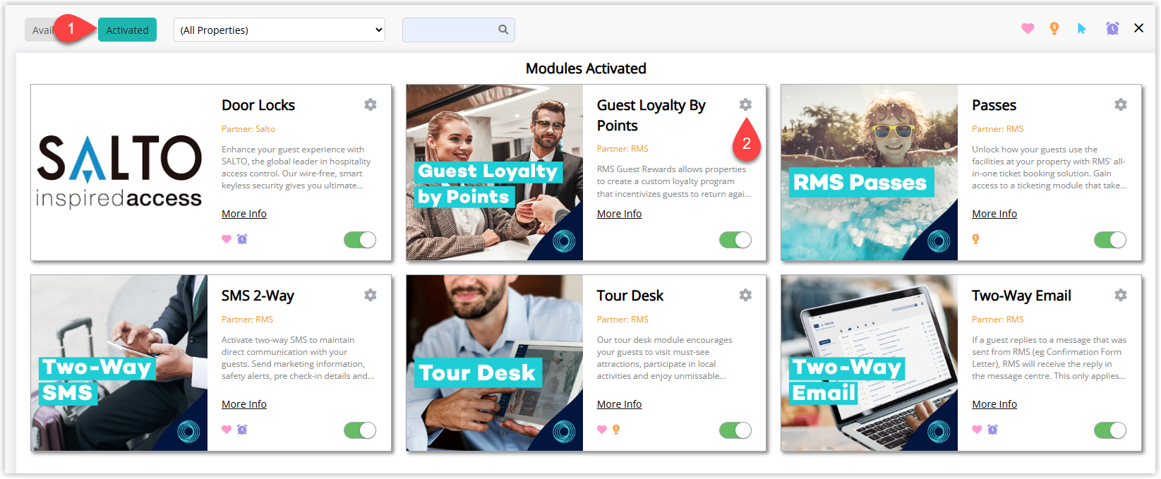 Annotated screenshot of the Module Market in RMS with the Guest Loyalty by Points module highlighted