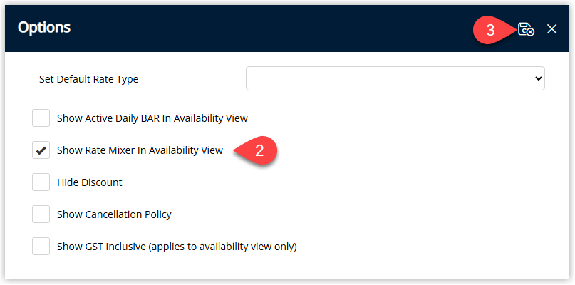 Screenshot of the Quick Quote Options window in RMS showing the Show Rate Mixer in Availability View checkbox selected before saving.