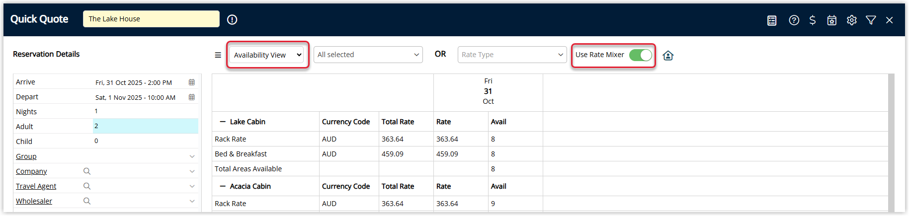 Screenshot of the Quick Quote Availability View in RMS showing the Rate Mixer toggle available to create mixed rate reservations using different rate types on different dates.