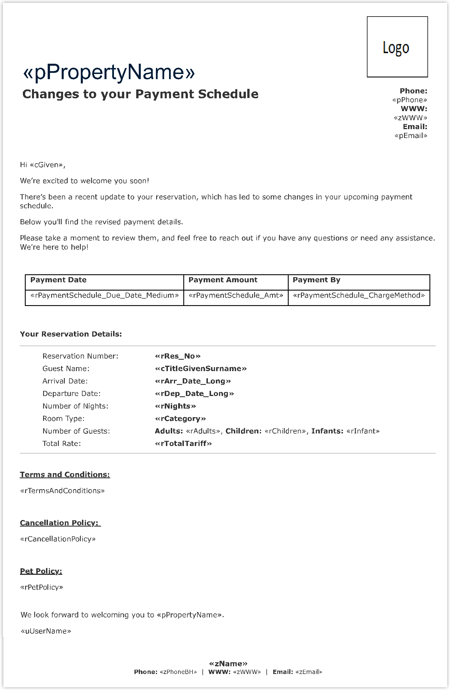 Screenshot of the Scheduled Payment Changes form letter template in RMS showing the merge field layout