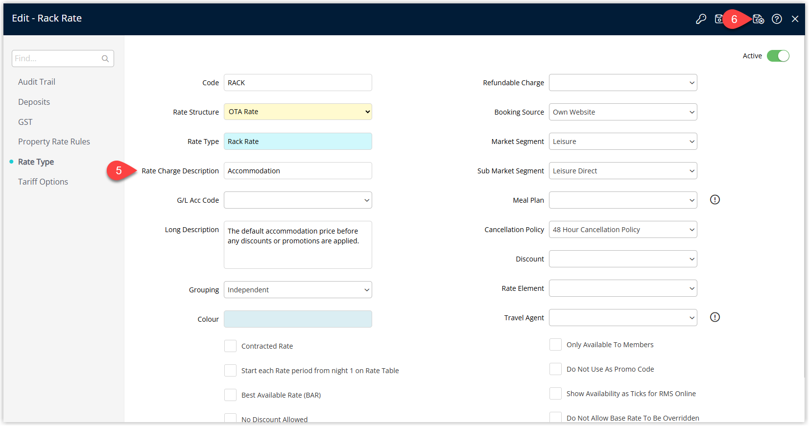 Annotated screenshot of the Edit Rate Type screen in RMS for the Rack Rate showing the Rate Charge Description field set to Accommodation