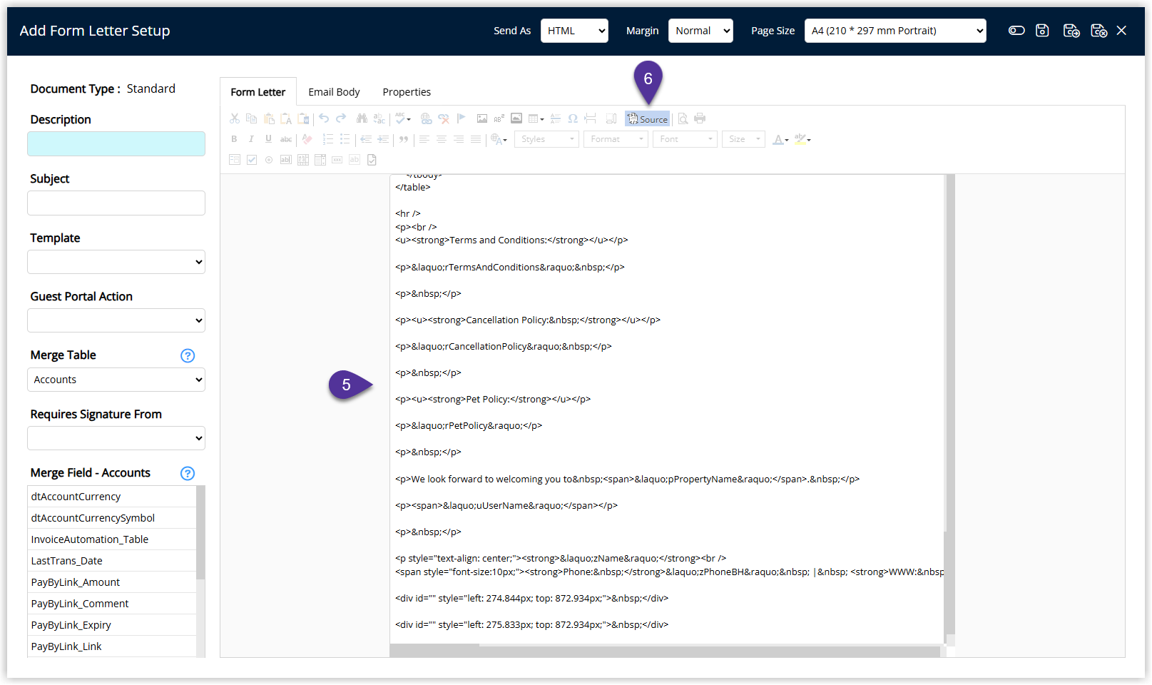 Annotated screenshot of the Add Form Letter Setup screen in RMS showing the HTML source code pasted into the editor