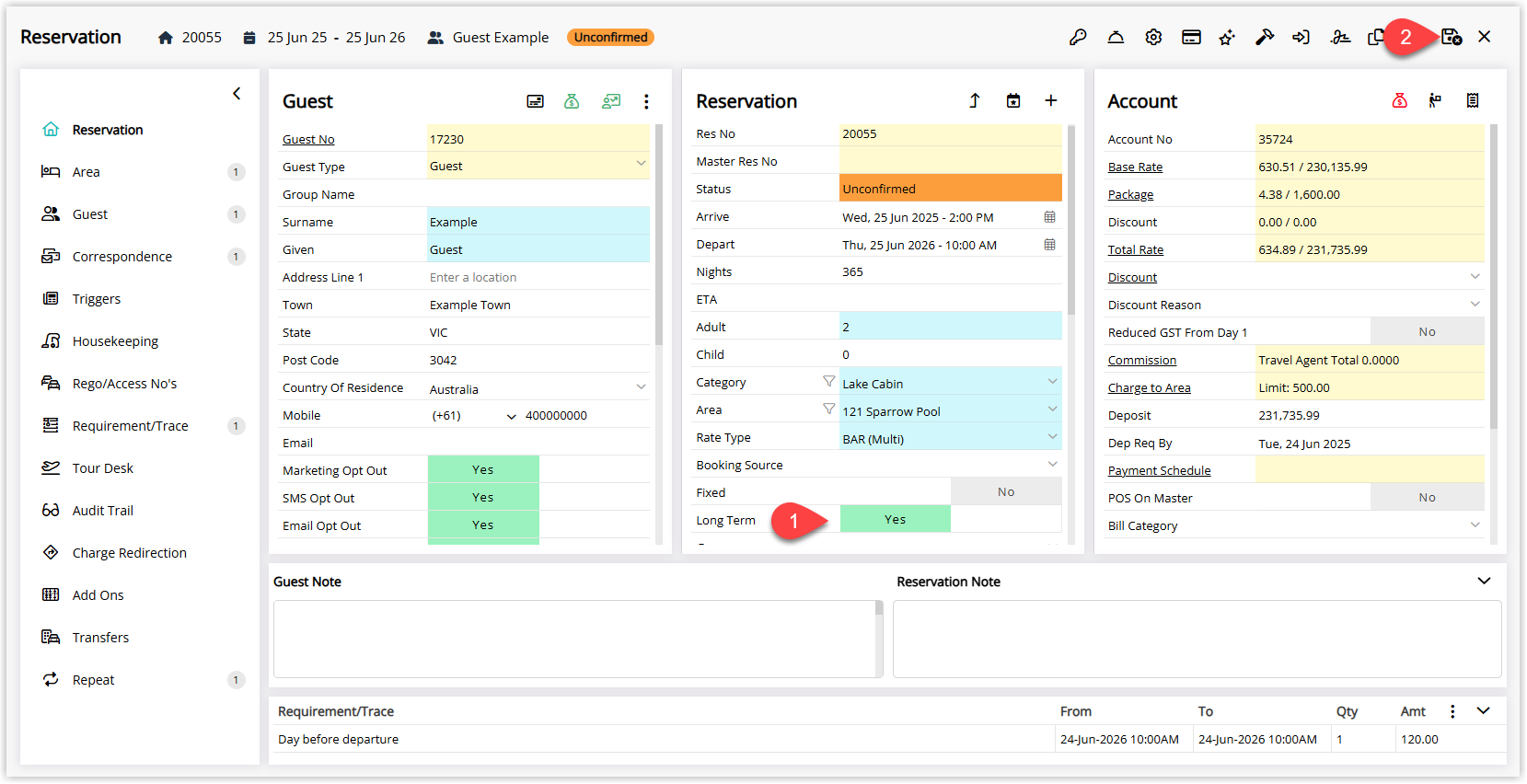 Reservation screen in RMS showing the Long Term field toggled to ‘Yes’ and the Save/Exit button highlighted, indicating the reservation has been set as a Long Term stay.