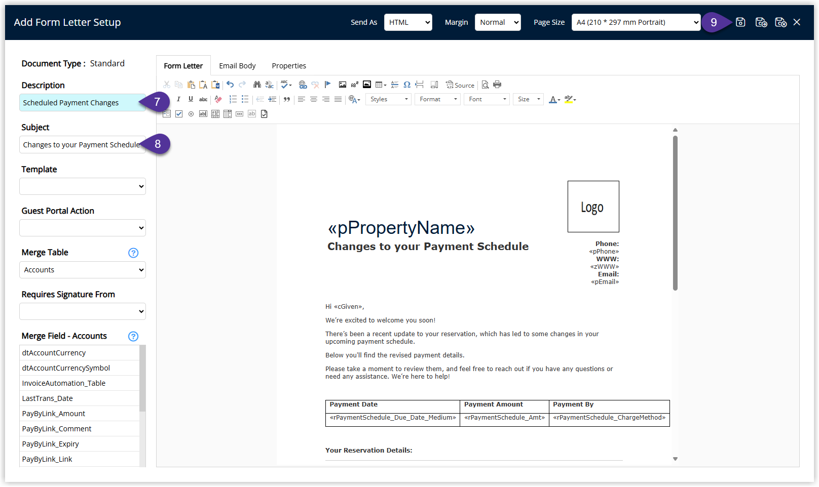 Annotated screenshot of the Add Form Letter Setup screen in RMS highlighting the Description, Subject and save icon