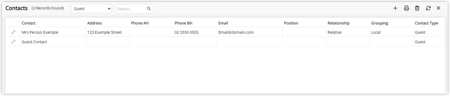 Screenshot of the Contacts Lookup Table in RMS displaying a searchable list of contact records, opened by pressing the F12 key.