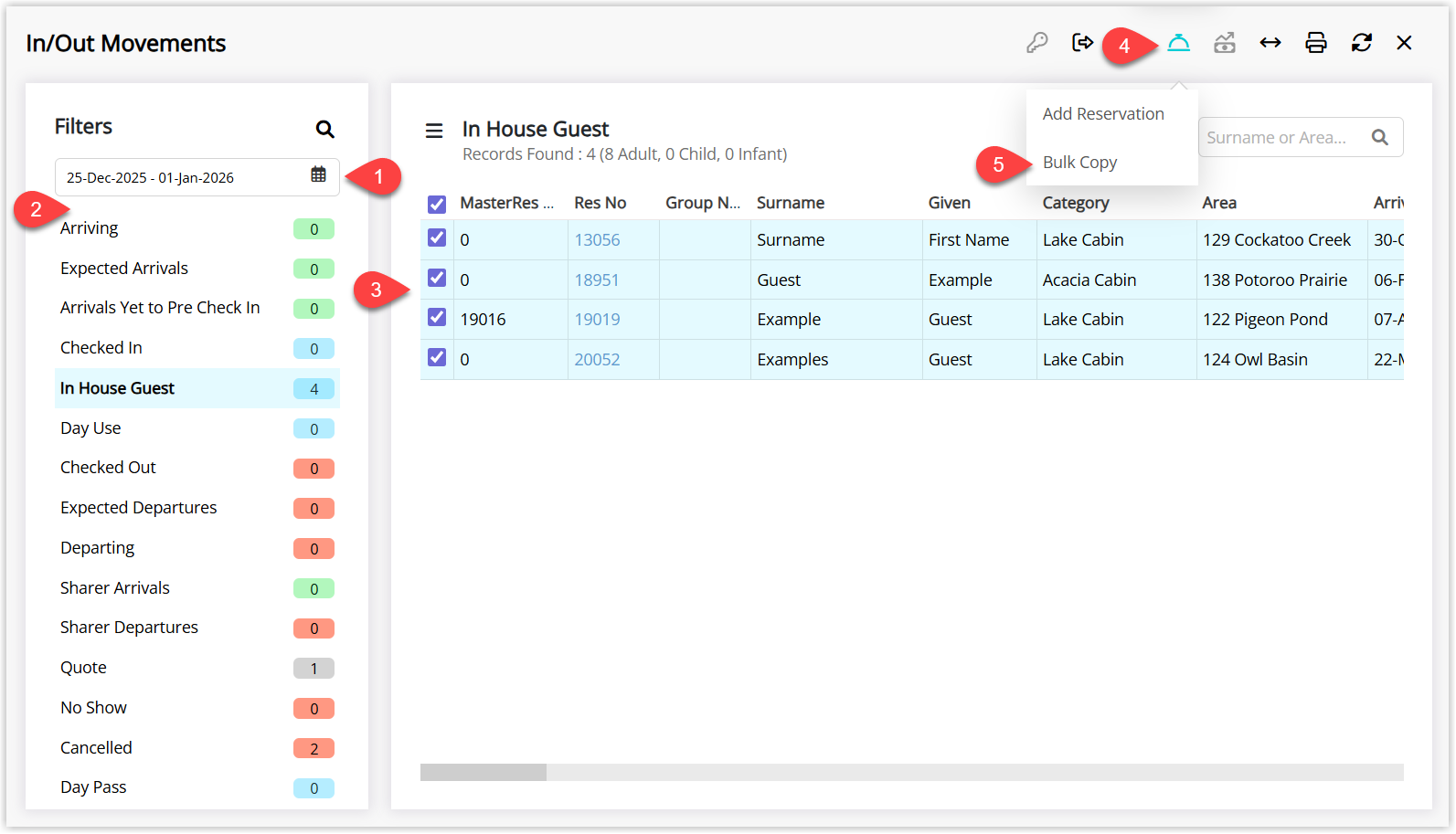 In/Out Movements screen in RMS showing a selected date range and filter view, multiple reservations ticked in the list, and the Options menu open with the Bulk Copy option selected
