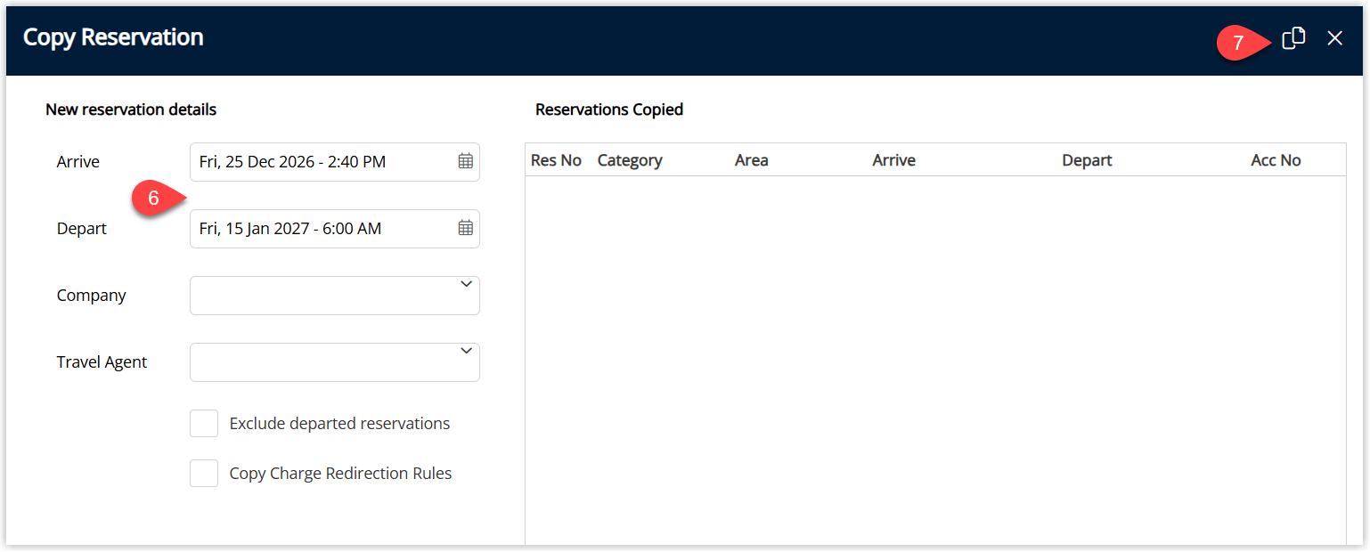 Bulk Copy dialog displaying fields to set new Arrive and Depart dates for the copied reservations, checkboxes for Exclude Departed Reservations and Copy Charge Redirection Rules, and a Copy button to create the new reservations