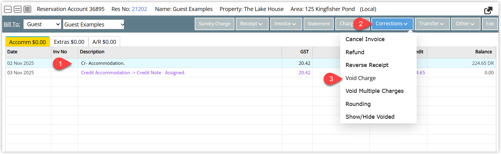 Account screen in RMS with the target charge highlighted, the Corrections menu open and the Void Transaction option selected