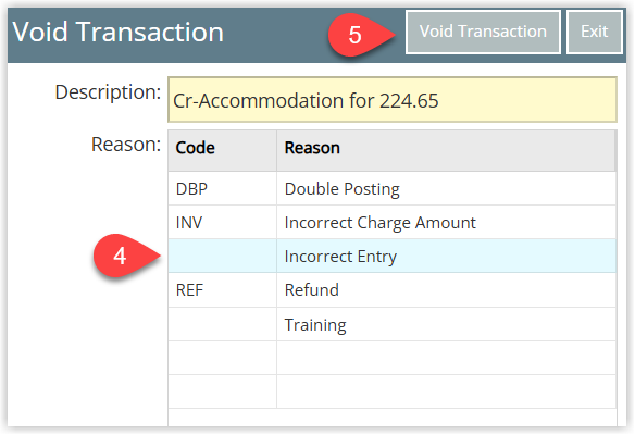 Void Transaction confirmation popup showing a dropdown or list to select a reason and a Void Transaction button to complete removal of the assigned credit note