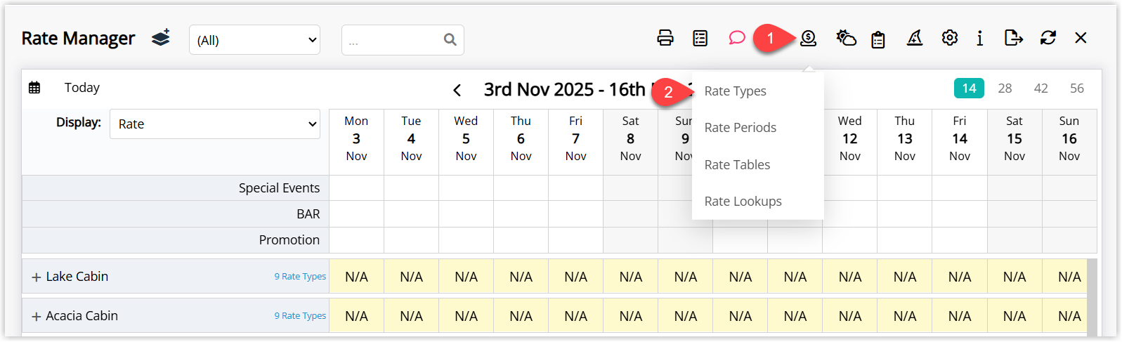 Rate Manager screen in RMS with the Rates menu open and Rate Types selected to view and configure rate types.
