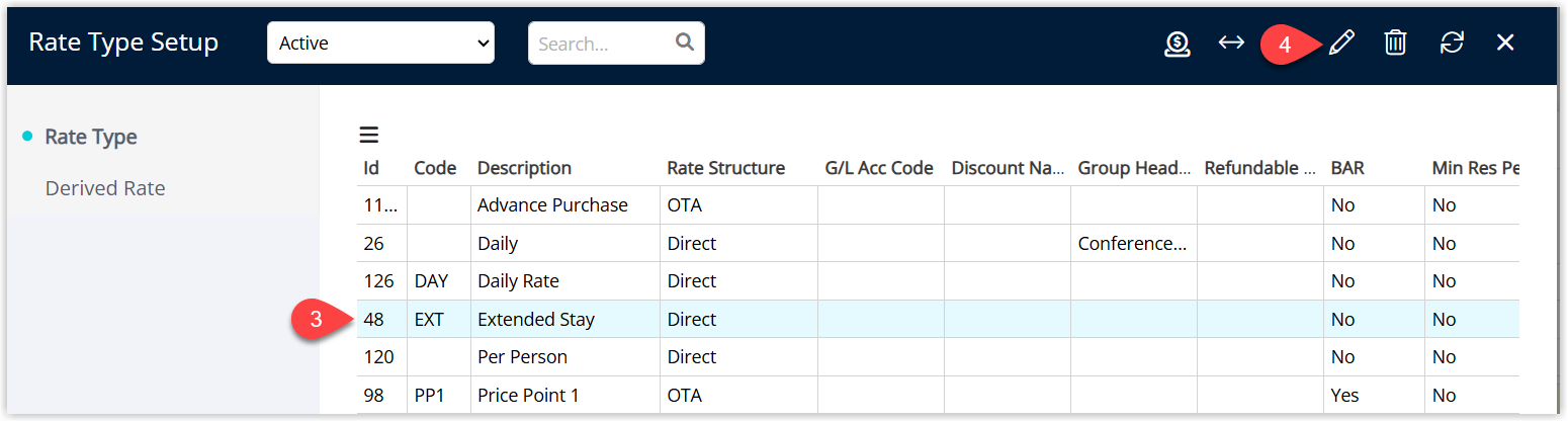 Rate Types list in RMS showing existing rate types with one Rate Type highlighted and the Edit button selected to modify its settings.