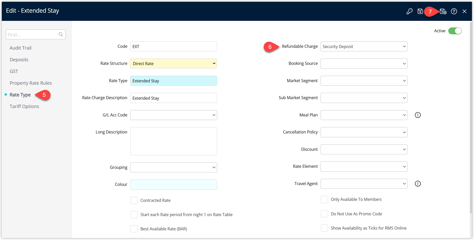 Rate Type editor in RMS on the Rate Type tab showing a Refundable Charge dropdown or selector populated with a key or bond sundry, and the Save/Exit button to save the Refundable Charge configuration for that Rate Type.