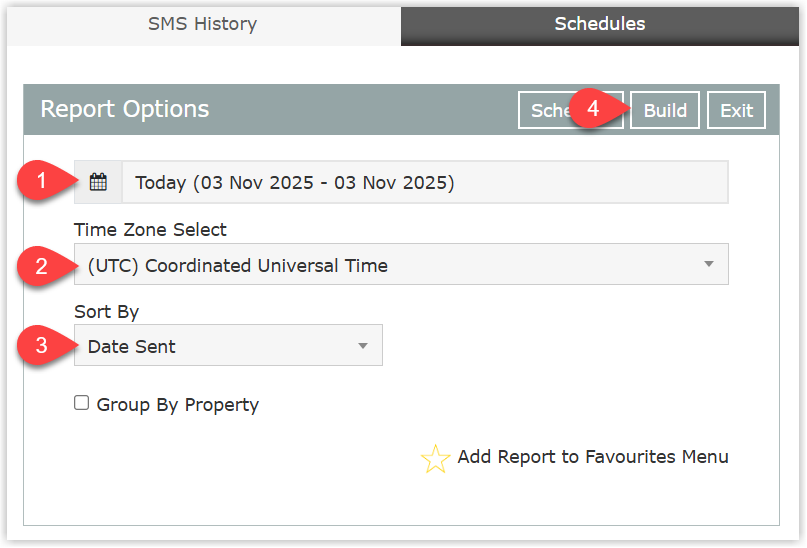 SMS History report criteria screen in RMS with fields for Date Range, Timezone and Group By options including an optional Group By Property checkbox, and a Build button to generate the report