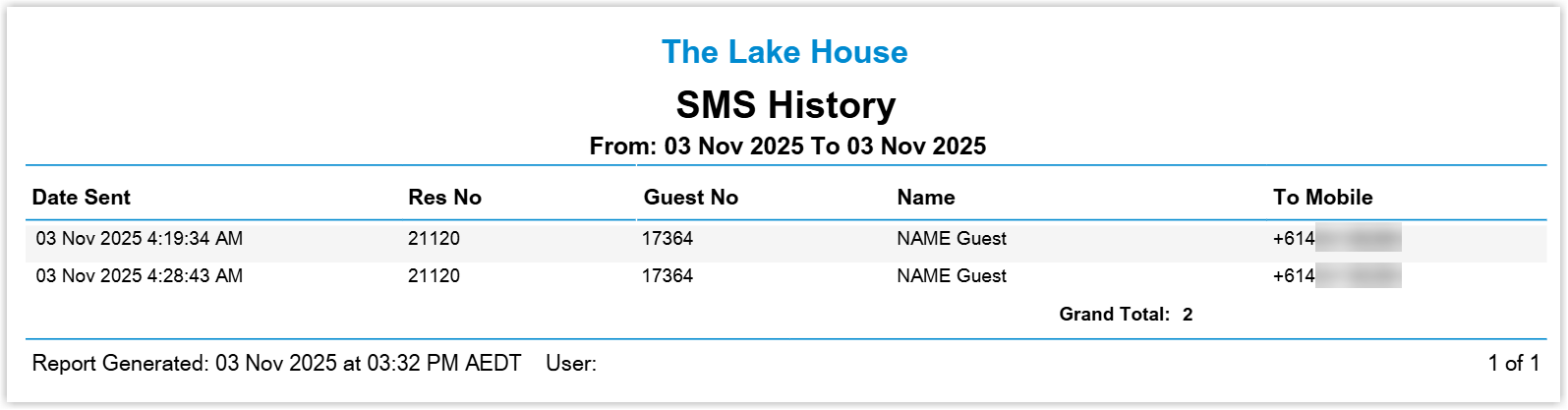 SMS History report displaying a table with columns such as Date Sent, Reservation Number, Guest Number, Name and To Mobile, listing each SMS sent within the selected date range
