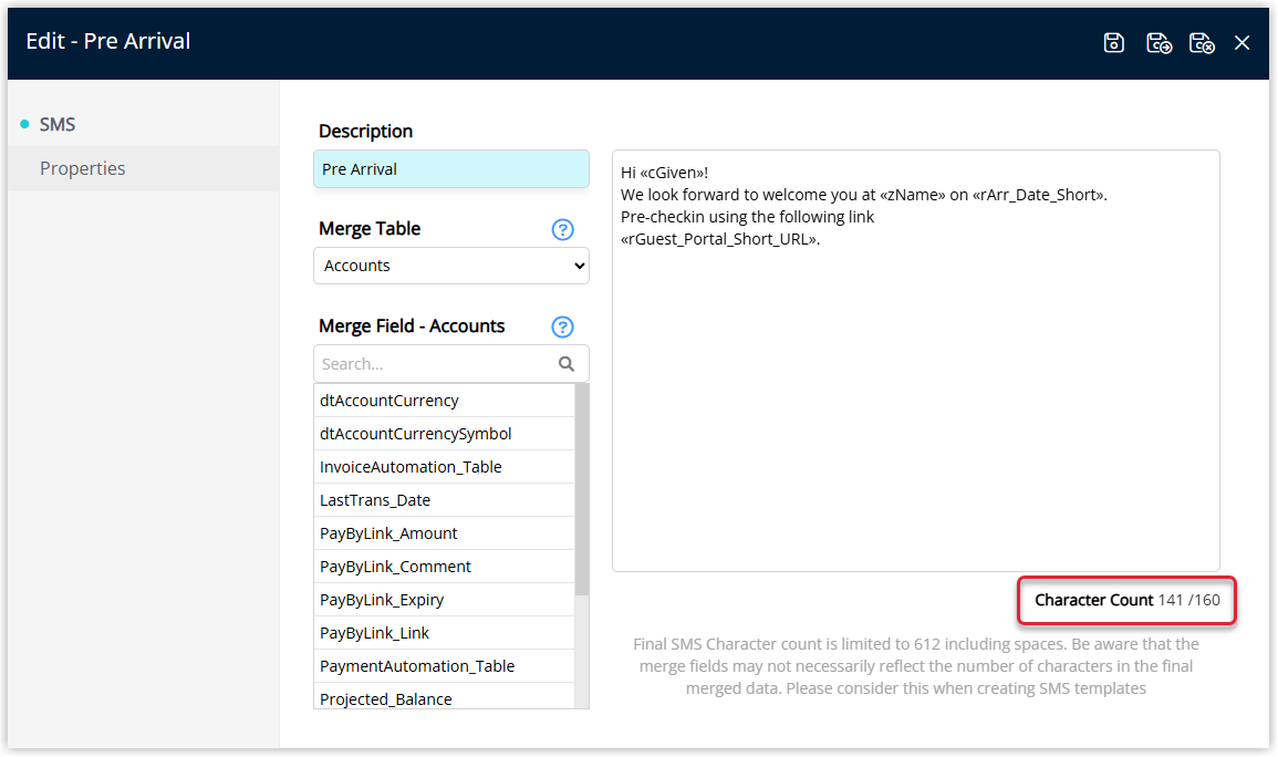 Annotated screenshot of the Edit SMS template screen in RMS showing the Pre Arrival message wrapped onto a new line with the Character Count of 141 of 160 highlighted