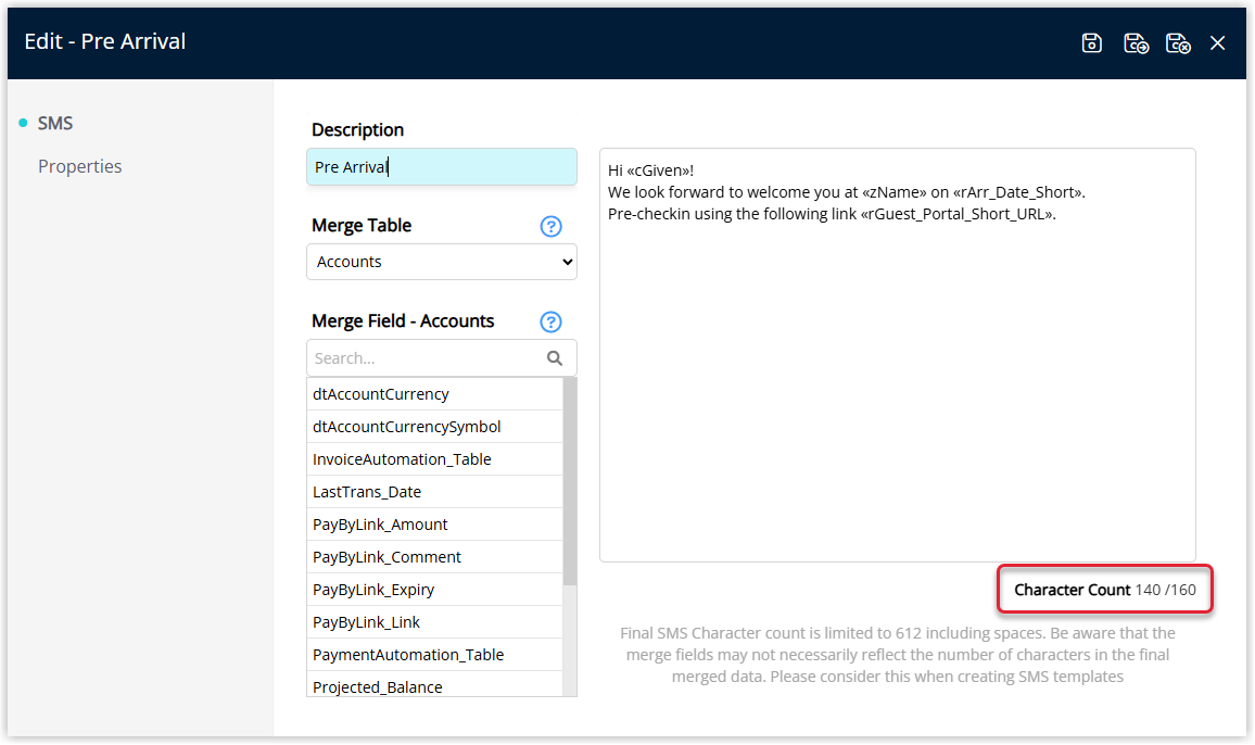 Annotated screenshot of the Edit SMS template screen in RMS showing the Pre Arrival message with merge fields and the Character Count of 140 of 160 highlighted