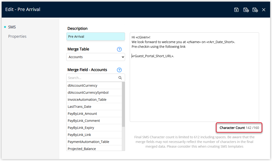 Annotated screenshot of the Edit SMS template screen in RMS showing the Pre Arrival message with a line break added and the Character Count of 142 of 160 highlighted