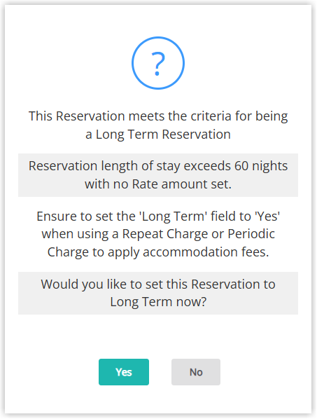 Screenshot of a reservation in RMS with the Long Term field visible in the details section and set to Yes, indicating that this booking meets the long-term criteria of more than 60 nights with repeat or periodic charges.