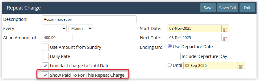Screenshot of the Repeat Charge setup screen in RMS showing fields for charge details and a Paid To Date checkbox ticked to enable displaying the paid-to date on the guest account for long-term reservations.