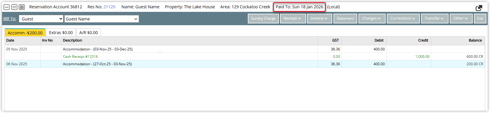 Screenshot of a long-term reservation account in RMS showing a Paid To Date field or line that indicates the date up to which accommodation charges have been covered by receipts.