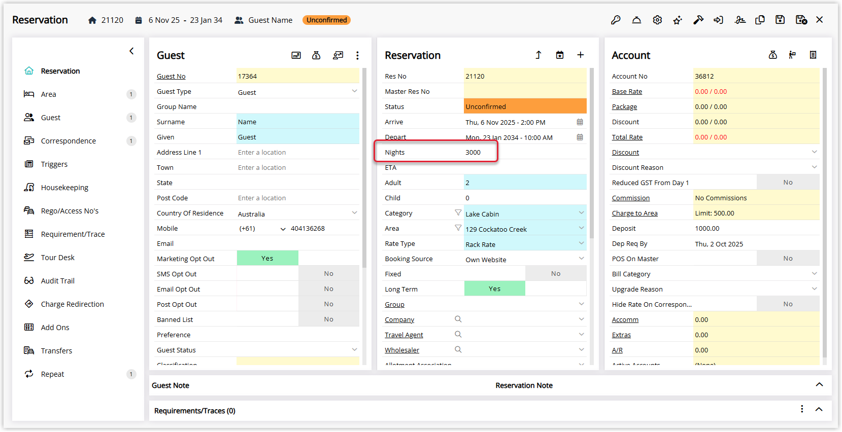 Screenshot of a long-term reservation in RMS with the Number of Nights field highlighted, showing an extended stay length used to determine long-term status and behaviour on statements and receipts.