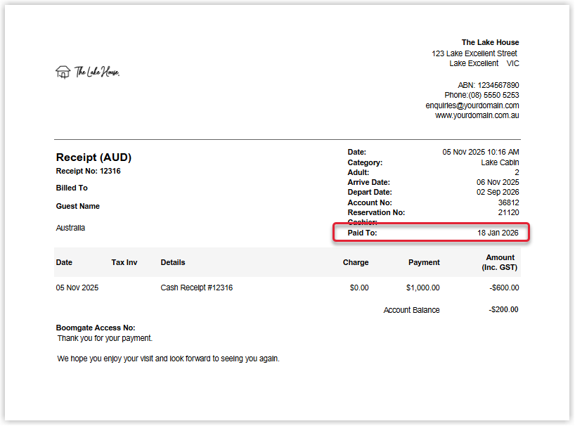 Screenshot of a receipt generated for a long-term reservation in RMS showing a Paid To Date value on the document and no Departure Date printed because the total number of nights exceeds the long-term threshold.