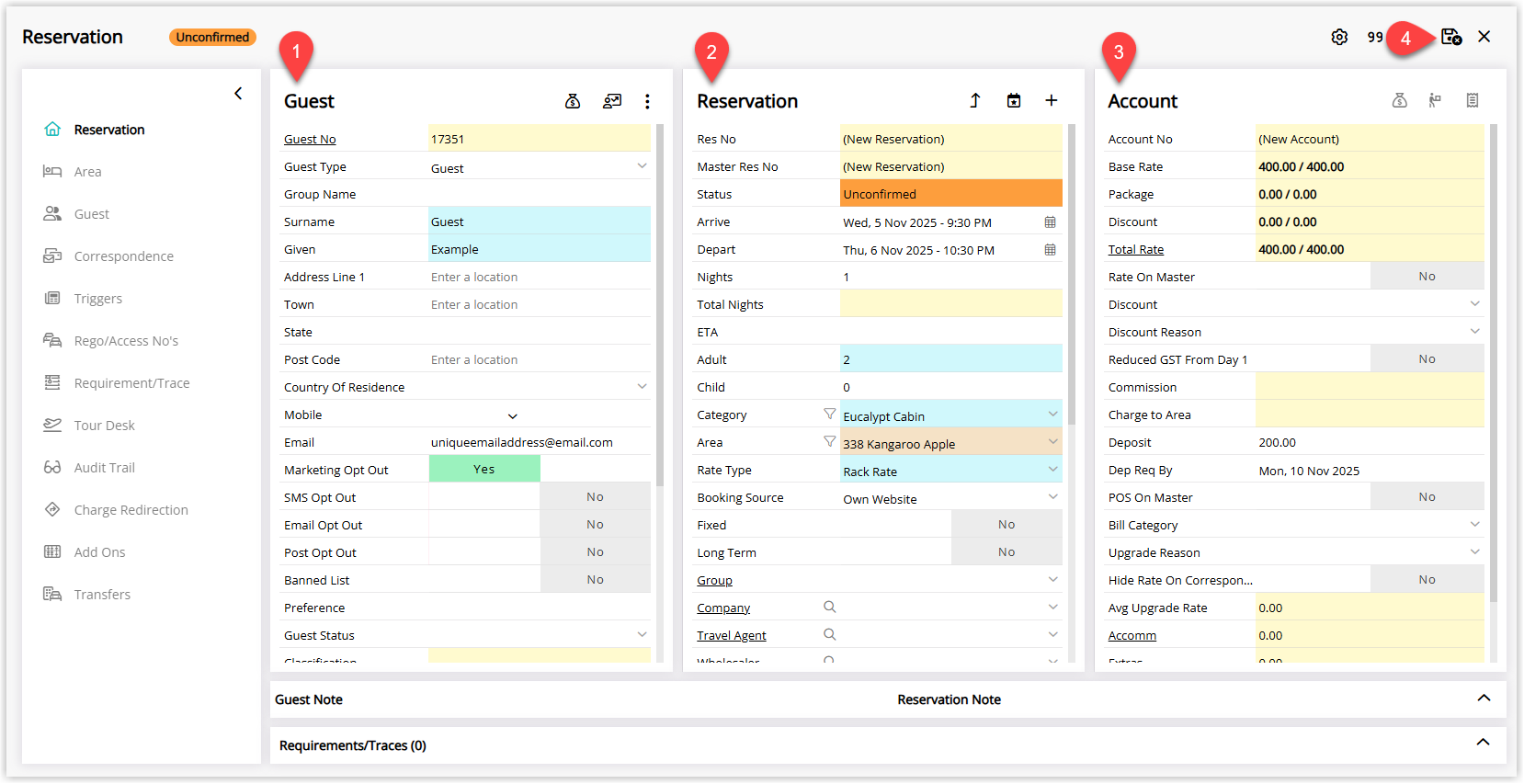New Reservation screen in RMS opened from the Make Reservation menu, showing sections for Guest Details, Reservation Details and Account Details, with required fields highlighted and a Save/Exit button to create the reservation