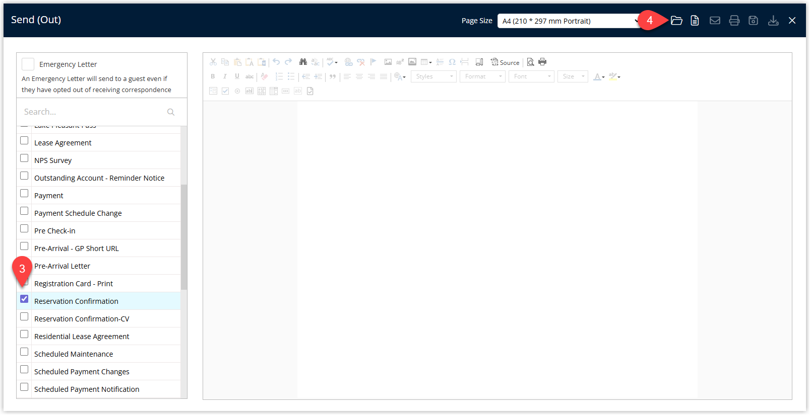 Form Letters selection window with a letter highlighted and Open button selected.