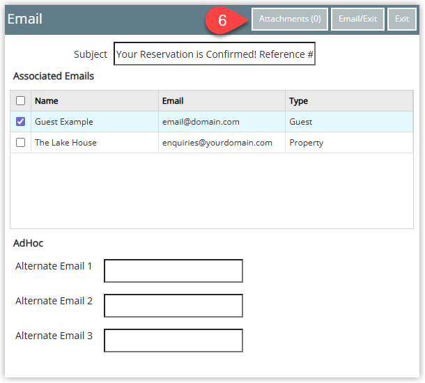 Email send window with Attachments button highlighted.