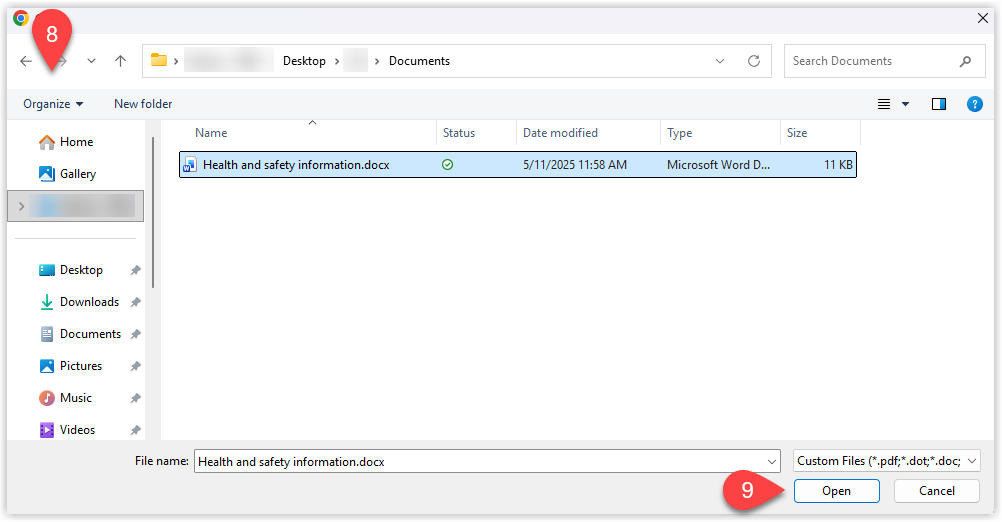 File selection window with documents selected for attachment.