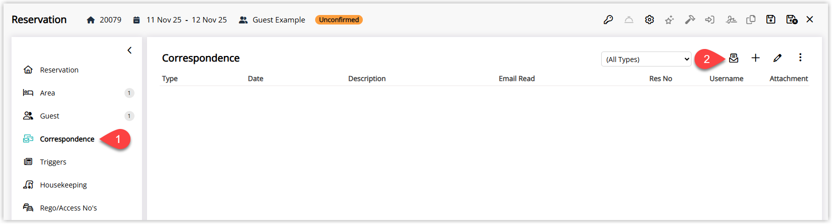 Reservation window with Correspondence tab selected and Send Out button highlighted.