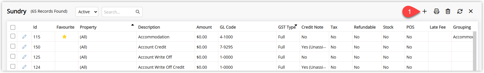 Sundry Charge setup screen in RMS listing existing sundry items with an Add button to create a new sundry charge