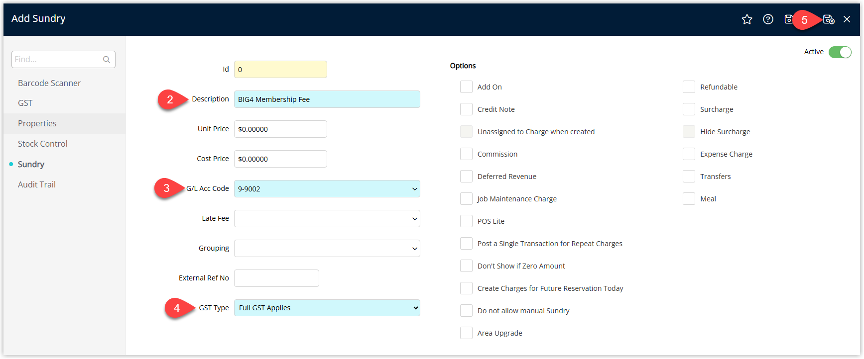 Sundry Charge detail window showing fields for Description, General Ledger Account Code, Unit Price set to 0.00, GST Type set to Full GST Applies, and a Save/Exit button to save the membership fee sundry
