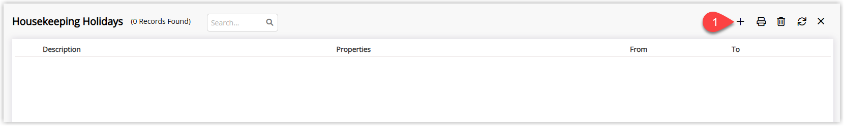 Annotated screenshot of the Housekeeping Holidays list in RMS with the Add button highlighted