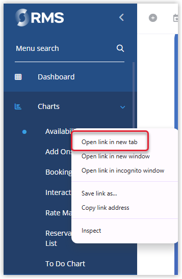 RMS side menu with a menu item right‑clicked, showing the browser context menu with the option ‘Open link in new tab’ highlighted to demonstrate opening RMS in multiple tabs.