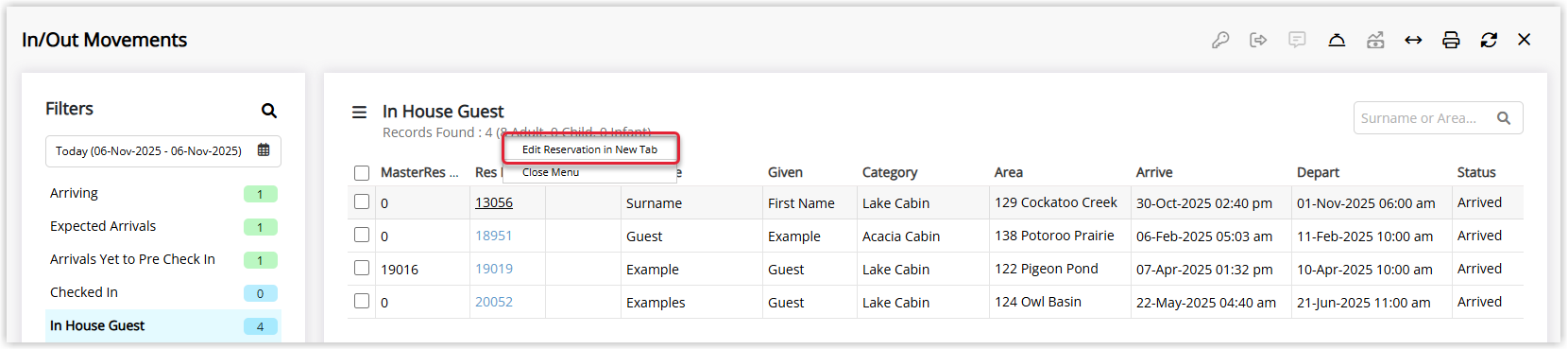 RMS screen showing a hyperlinked reservation or account number, right‑clicked to display the browser context menu with ‘Open link in new tab’ or ‘Edit Reservation in New Tab’ highlighted, allowing the record to be opened in a separate browser tab.