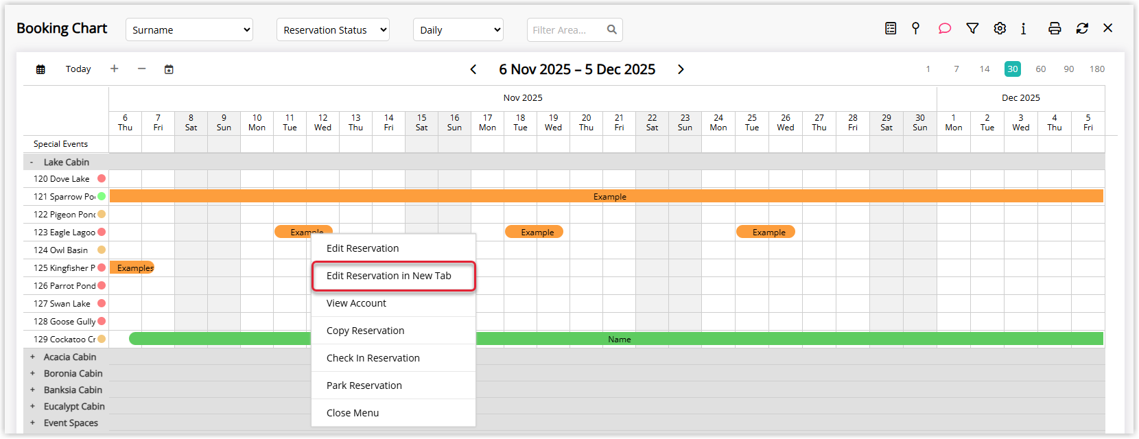 RMS Booking Chart displaying reservations, with one reservation right‑clicked and a context menu visible showing the option ‘Edit Reservation in New Tab’ highlighted.
