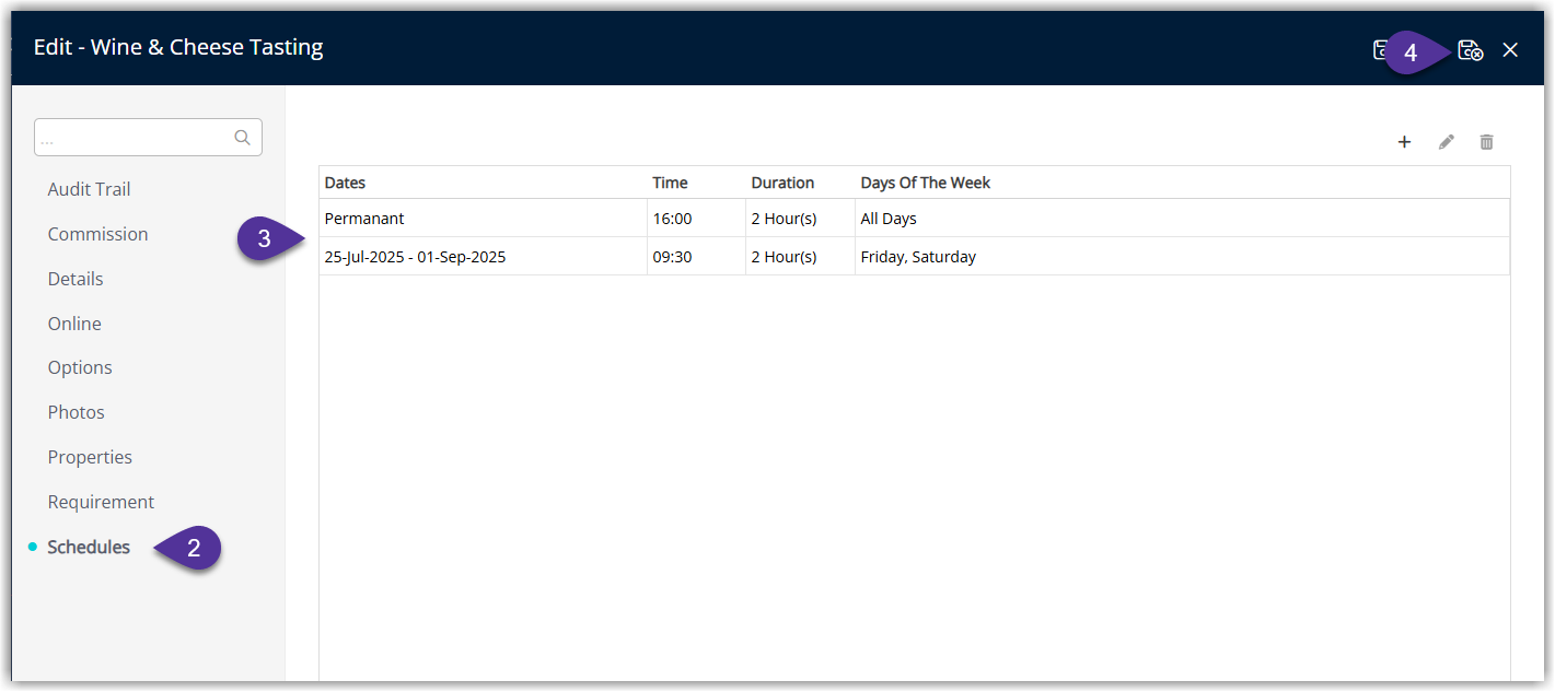 Tour edit screen on the Schedules tab displaying imported tour schedule rows with dates, times and capacities and a Save/Exit button