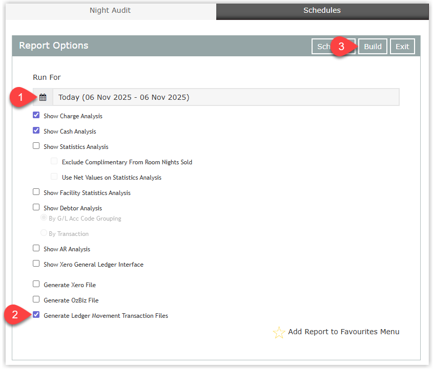 RMS Night Audit report screen showing the Run Date selector and the Generate Ledger Movement Transaction Files checkbox ticked, with the Build button highlighted to produce the Night Audit Report and download a .zip file containing .csv ledger movement files for each ledger section.
