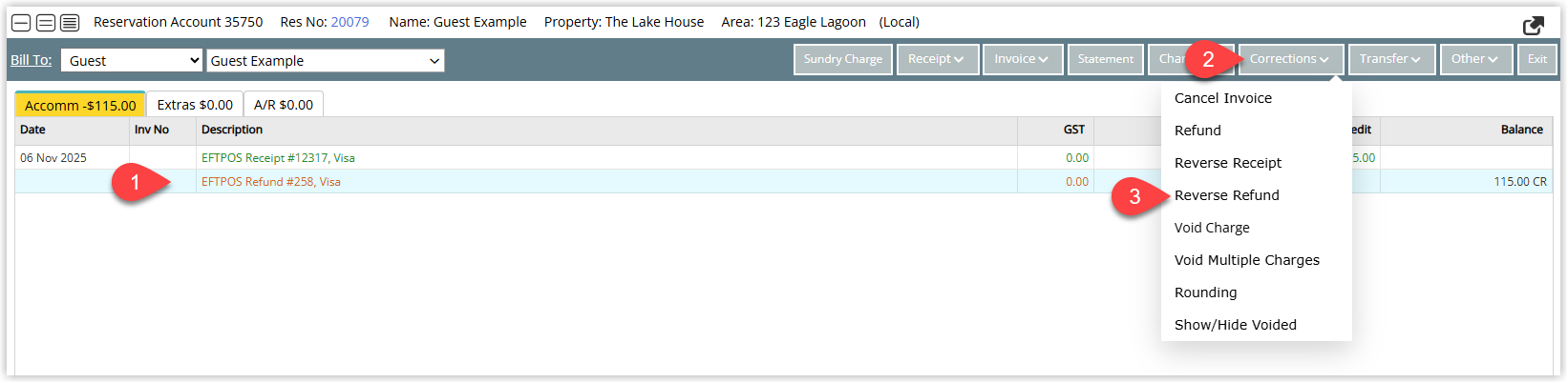Reservation account screen in RMS with a refund transaction highlighted, the Corrections menu open and the Reverse Refund option selected