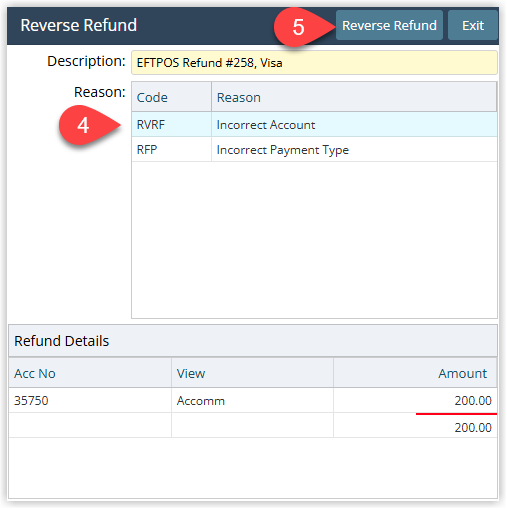 Reverse Refund confirmation popup showing a dropdown to select a reason for reversal and a Reverse Refund button to complete the process