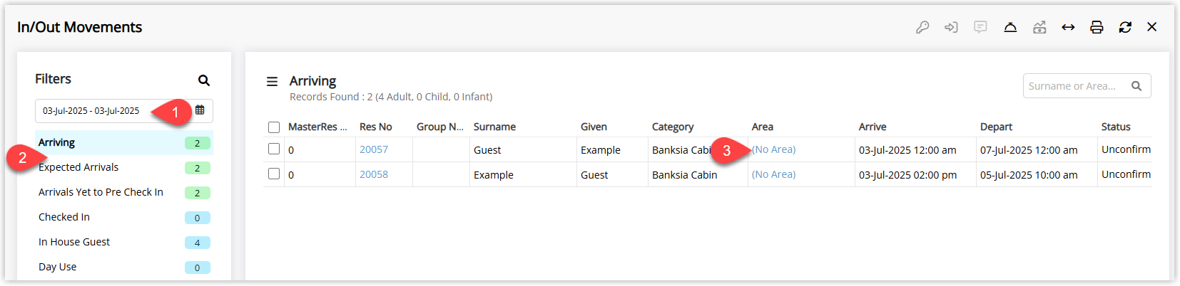 In/Out Movements screen in RMS with a date range and view selected, showing a list of arriving reservations where one row displays 'No Area' in the Area column, ready to be clicked to allocate an area