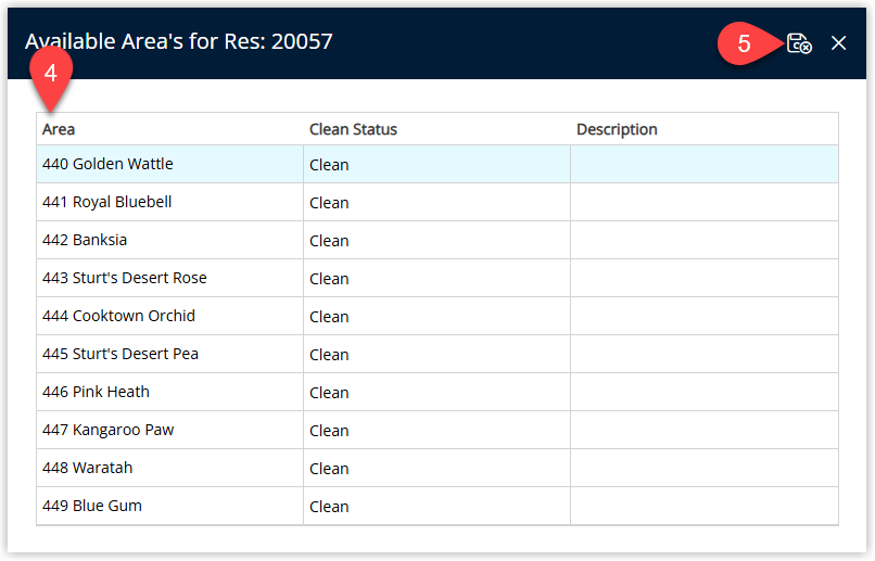 Area selection window in RMS opened from In/Out Movements, displaying a list of available areas for the chosen reservation with one area selected, and a Save/Exit button to confirm the allocation