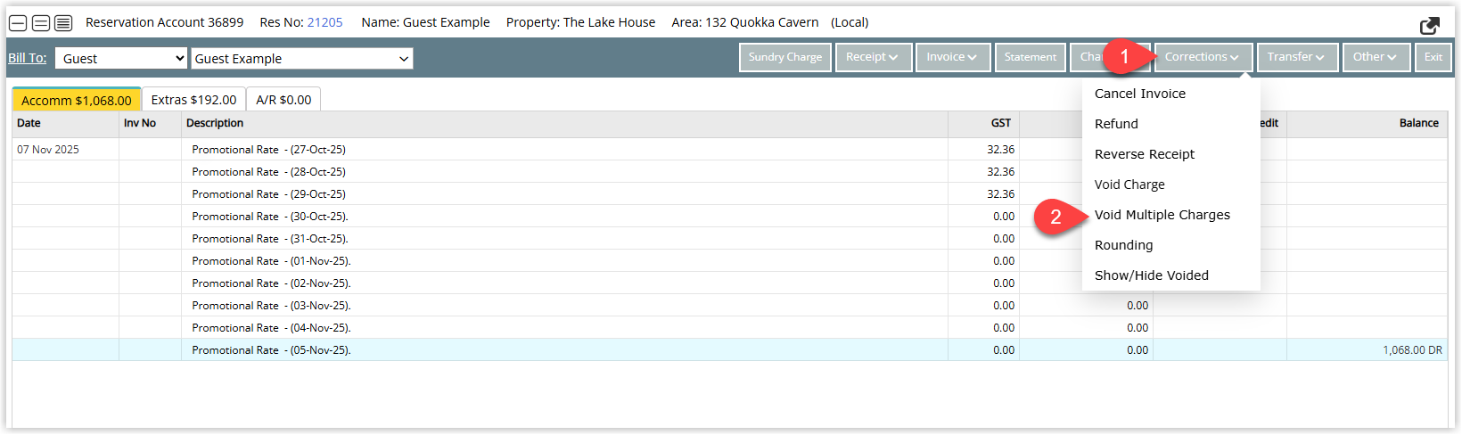 RMS account screen showing the Corrections menu open with the Void Multiple Charges option selected to begin voiding multiple transactions.