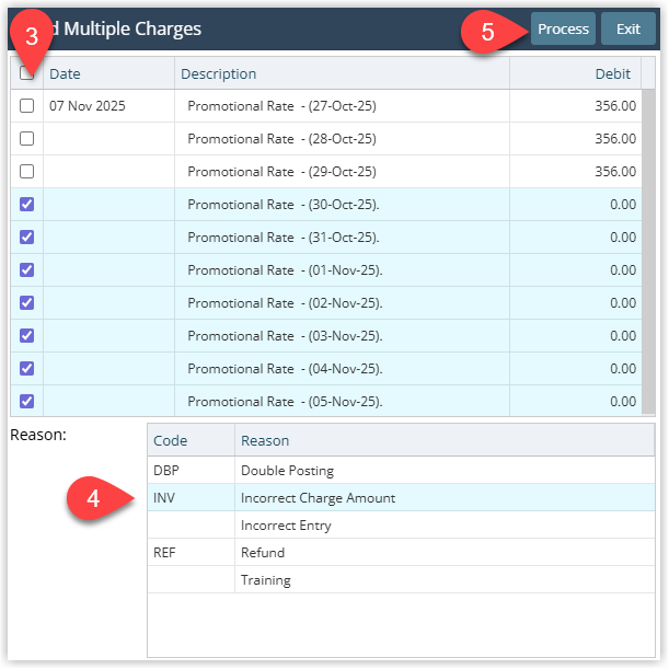 RMS Void Multiple Charges window listing account transactions with checkboxes to select charges to void, a Reason dropdown, and the Confirm button highlighted to complete the void process.