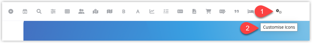 RMS screen showing the top Toolbar Menu with a Customize Icons button or icon highlighted, opening the customization panel for toolbar shortcuts.